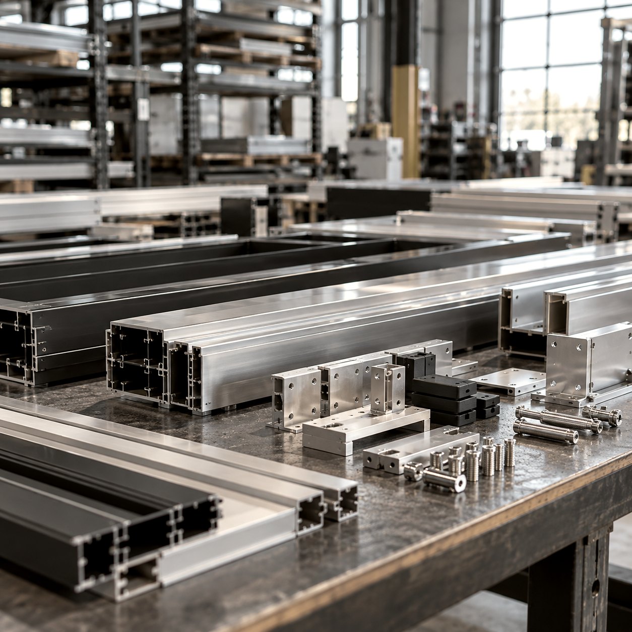 Aluminum profiles, brackets and fixings laid out as a kit on a shop bench