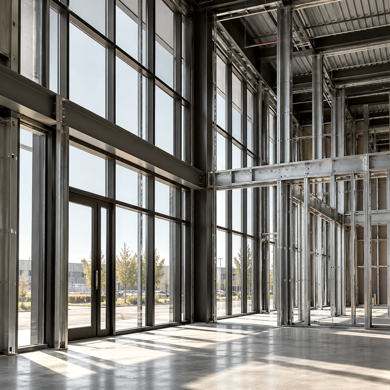 Curtain wall framing and glazing inside a building under construction