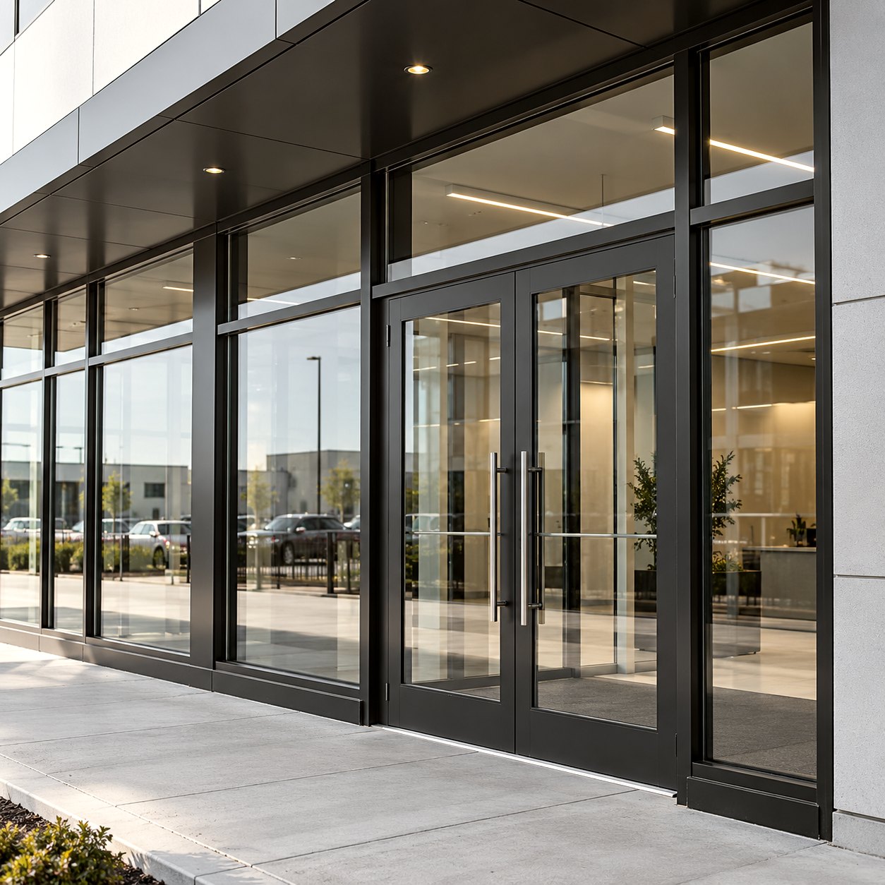 Aluminum storefront with a pair of entrance doors