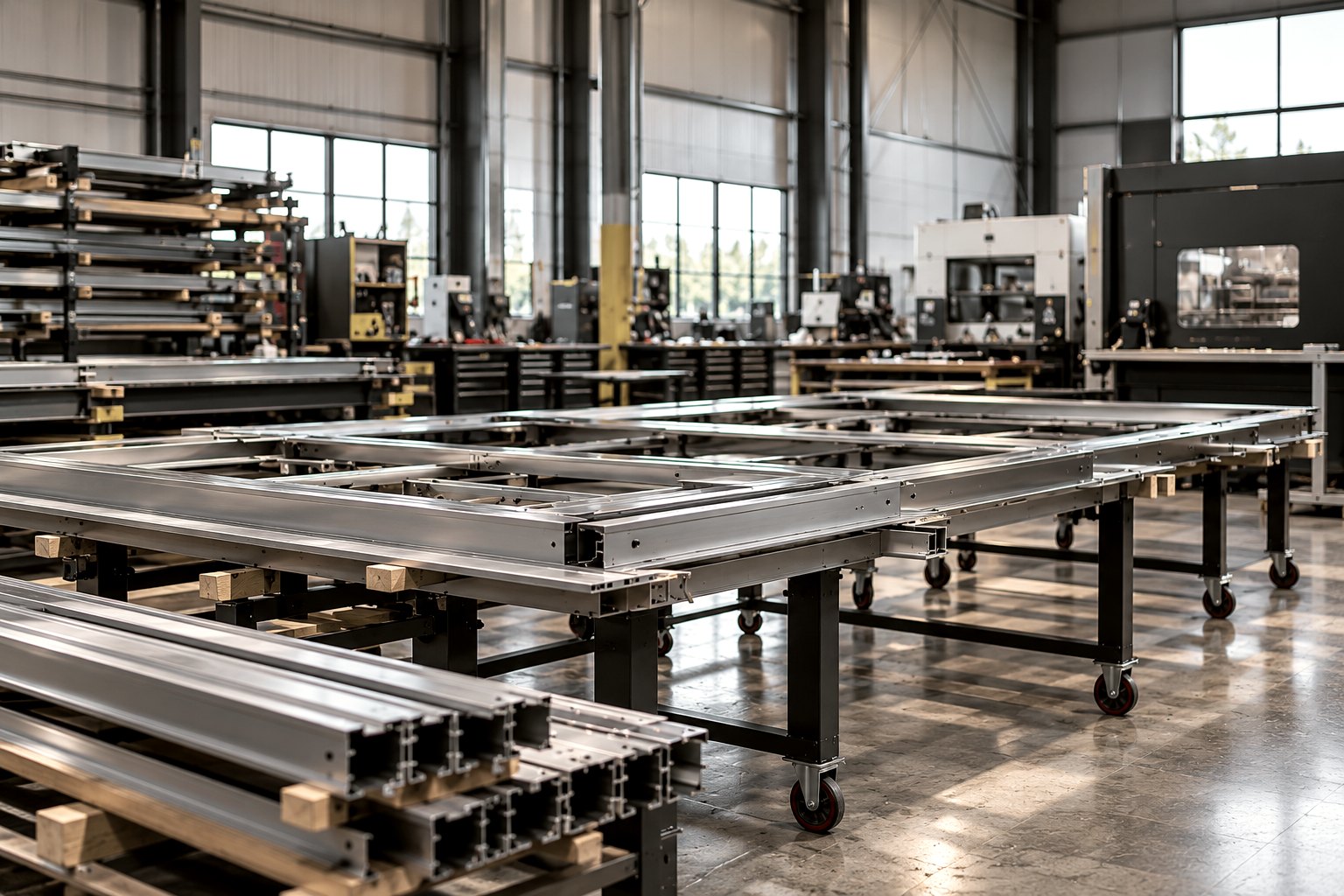 Fabricated aluminum framing on assembly tables in the shop