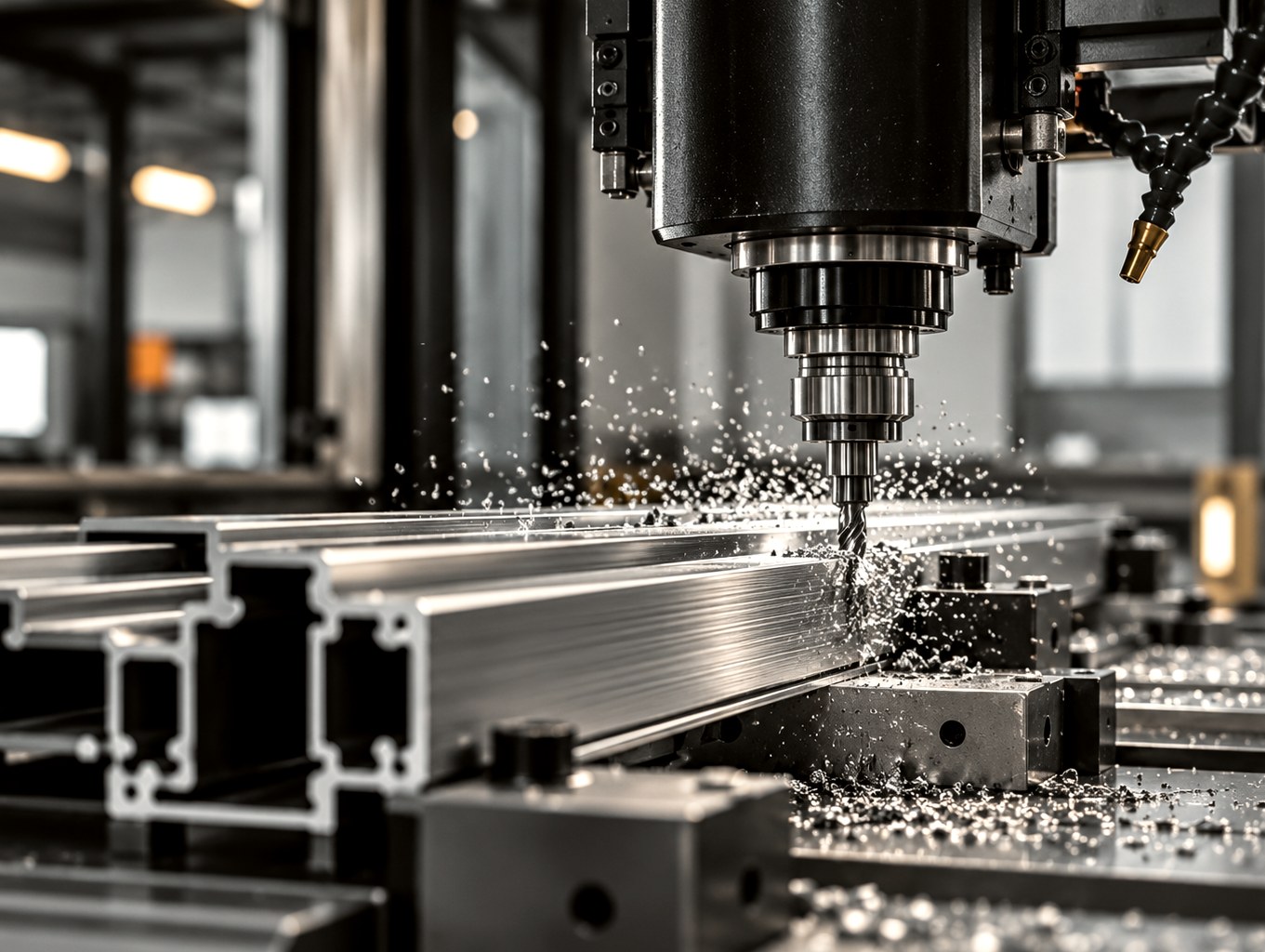 CNC machining centre cutting an aluminum profile